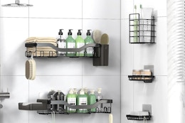 shower shelves on a wall