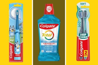 A collage of two Colgate toothbrushes and a mouthwash