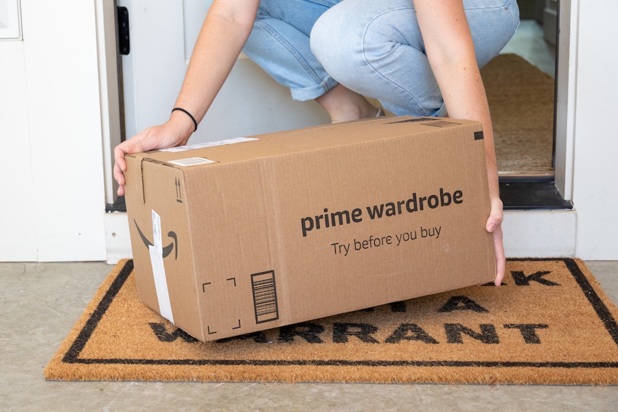 An amazon prime wardrobe box on a door step 