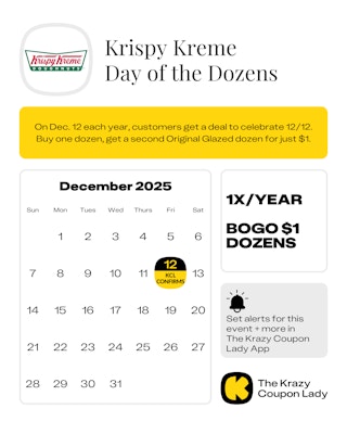 a calendar graphic showing the date for krispy kreme day of the dozens 2025