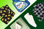 kids' swim trunks, Purex detergent, green blanket, sneakers, shacket