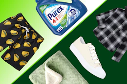 kids' swim trunks, Purex detergent, green blanket, sneakers, shacket