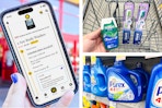 collage with purex, crest, oral-b, and a hand holding a smartphone displaying a kcl app 1-clip deal