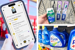 collage with purex, crest, oral-b, and a hand holding a smartphone displaying a kcl app 1-clip deal
