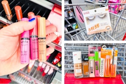 collage image of nyx butter gloss, kiss false lashes, and covergirl and maybelline mascara and foundation