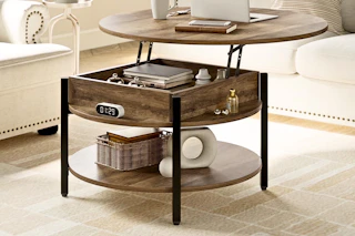 Lifestyle image of a round lift top coffee table in living room setting