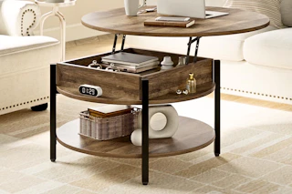 Lifestyle image of a round lift top coffee table in living room setting