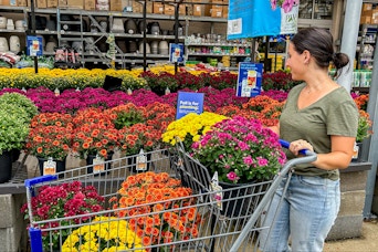 a woman shopping for mums at  Lowe's