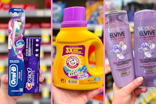 collage of hands holding products: Crest an oral b, Arm & hammer detergent, and L'oreal shampoo and conditioner