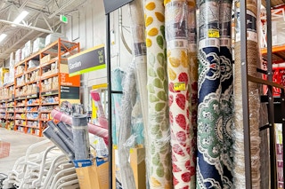 Outdoor area rugs at Home Depot store