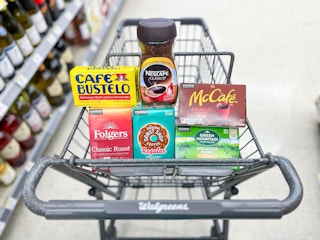 shopping cart with kcups and coffee inside