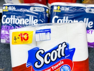 one Scott paper towels and two Cottonelle toilet paper
