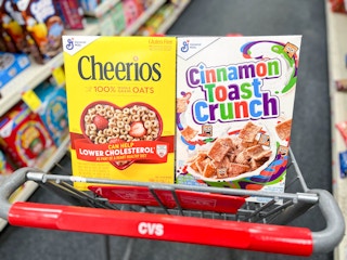 a box of Cheerios and Cinnamon Toast Crunch inside