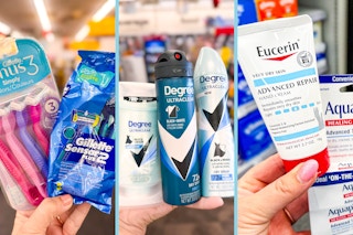 collage with gillette and venus razors, degree deodorants, and eucerin hand cream