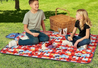 children sitting on the Bluey picnic blanket