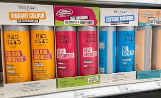 bed head shampoo and conditioner sets on a shelf