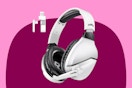 White and black Wireless Gaming Headset with a dongle that has a USB and a USB-C port