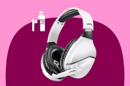 White and black Wireless Gaming Headset with a dongle that has a USB and a USB-C port
