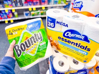 hand holding bounty paper towels alongside charmin toilet paper