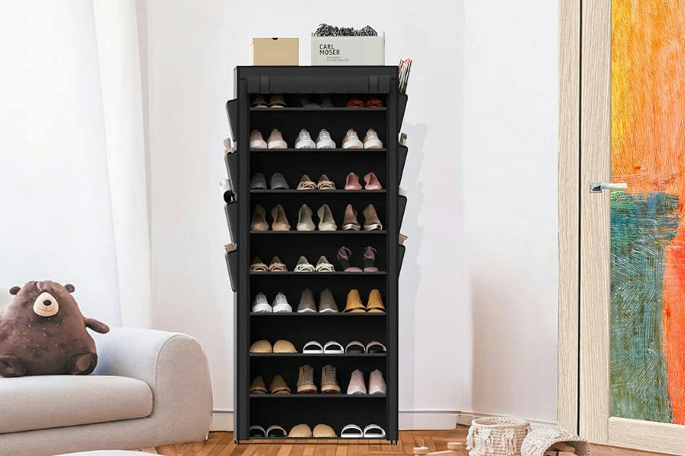 shoe rack in a room