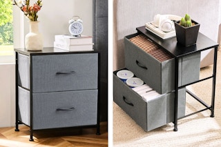 2 lifestyle images of the Concetta fabric drawer dresser