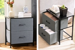 2 lifestyle images of the Concetta fabric drawer dresser