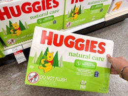 Huggies Natural Care Sensitive and Fragrance Free baby wipes on display on a Target shelf