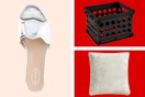 Women's shoe, storage crate & crushed velvet throw pillow