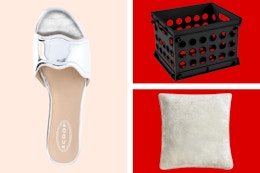 Women's shoe, storage crate & crushed velvet throw pillow