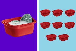 2 stock images of the red Sterilite dishpan (1 showcasing its intended purpose & 1 showing all 8 in the pack)