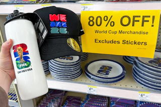 walgreens world cup merch next to a clearance sign