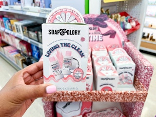 hand holding Soap & glory Living the Clean gift set