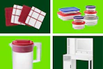 wash cloths, Pyrex storage, Sterilite pitcher, and vanity