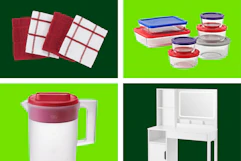wash cloths, Pyrex storage, Sterilite pitcher, and vanity