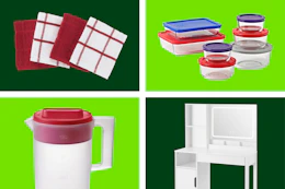 wash cloths, Pyrex storage, Sterilite pitcher, and vanity