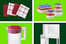 wash cloths, Pyrex storage, Sterilite pitcher, and vanity