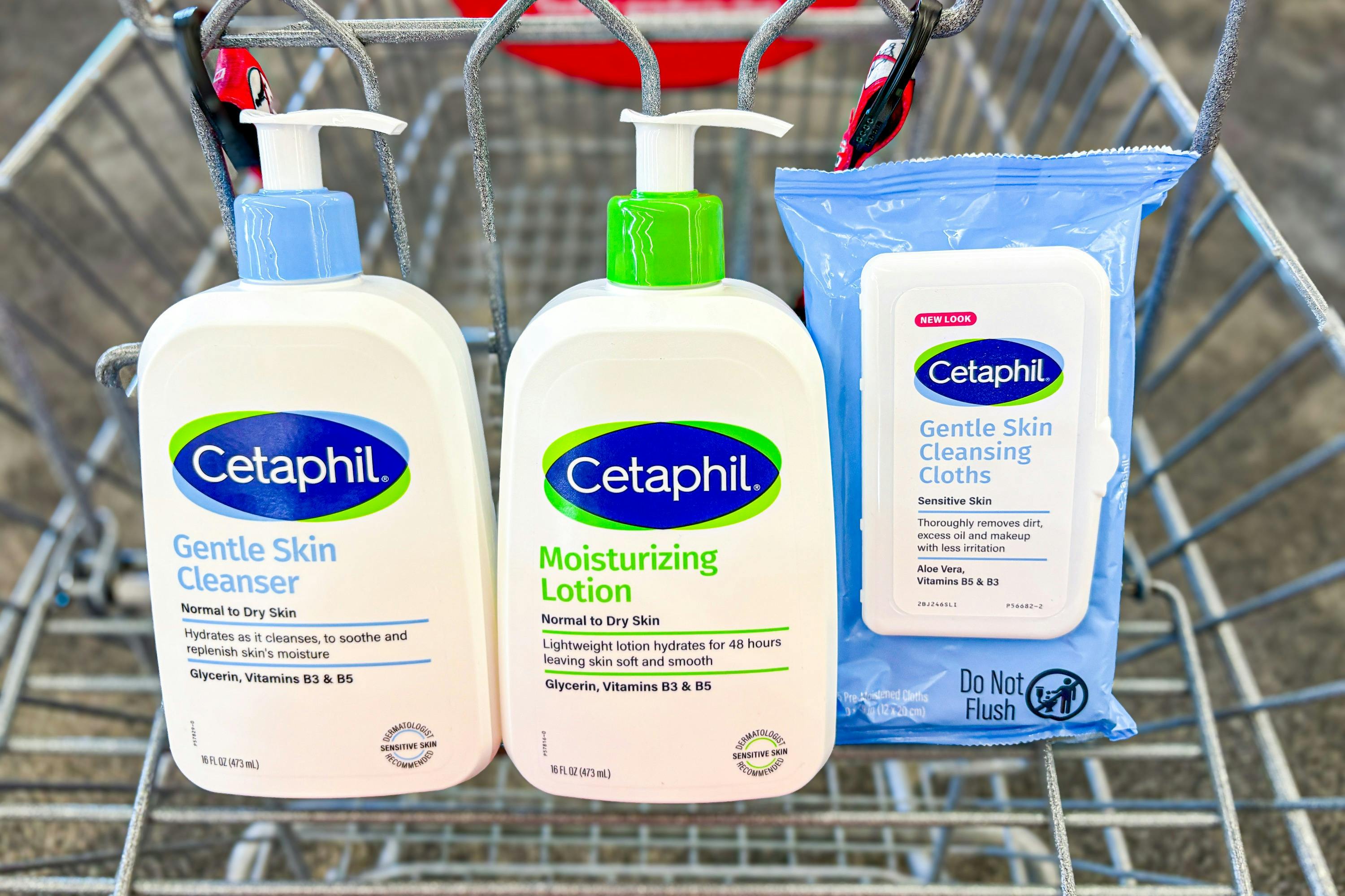 cetaphil cleanser, lotion, and cleansing cloths in a cart