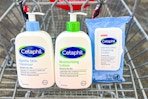 cetaphil cleanser, lotion, and cleansing cloths in a cart