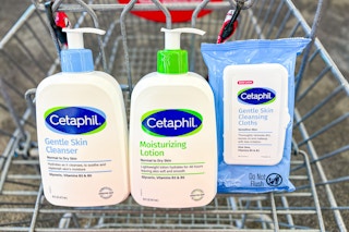 cetaphil cleanser, lotion, and cleansing cloths in a cart