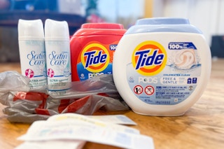 tide pods and gillette on a wood floor