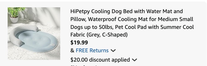 cooling dog bed Amazon receipt