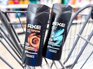 2 bottles of axe body wash in a shopping cart