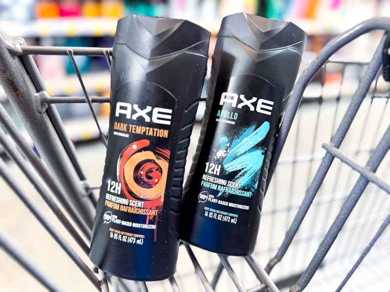 2 bottles of axe body wash in a shopping cart