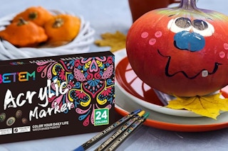 24-Pack of Dual Tip Acrylic Paint Pens next to a painted pumpkin