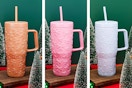 3 lifestyle images of the Holiday Living Christmas Tumblers: Gingerbread Men, Bows & Snowflakes