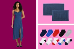 Women's dress, bath mat set & baby socks