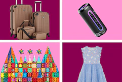 wrangler luggage, wireless speaker, magnetic tiles, bunny dress