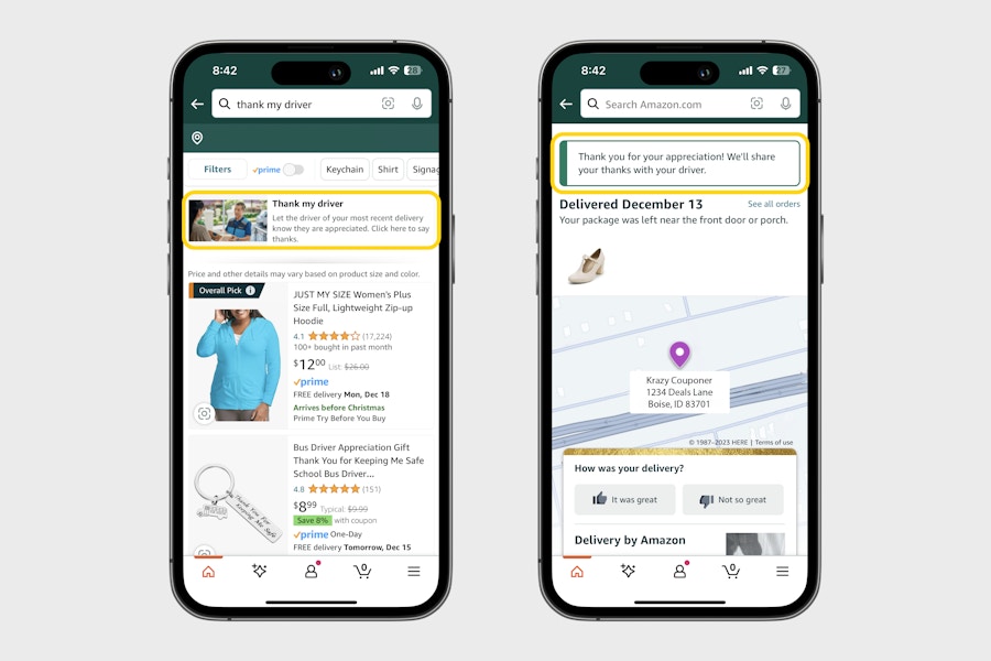 two phones showing how to thank your amazon driver on the app
