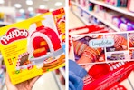 hand holding playdoh pizza kit and hand holding loopdeeloo kit over target cart