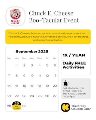 a calendar showing the confirmed day for chuck e cheese bootacular event in 2025